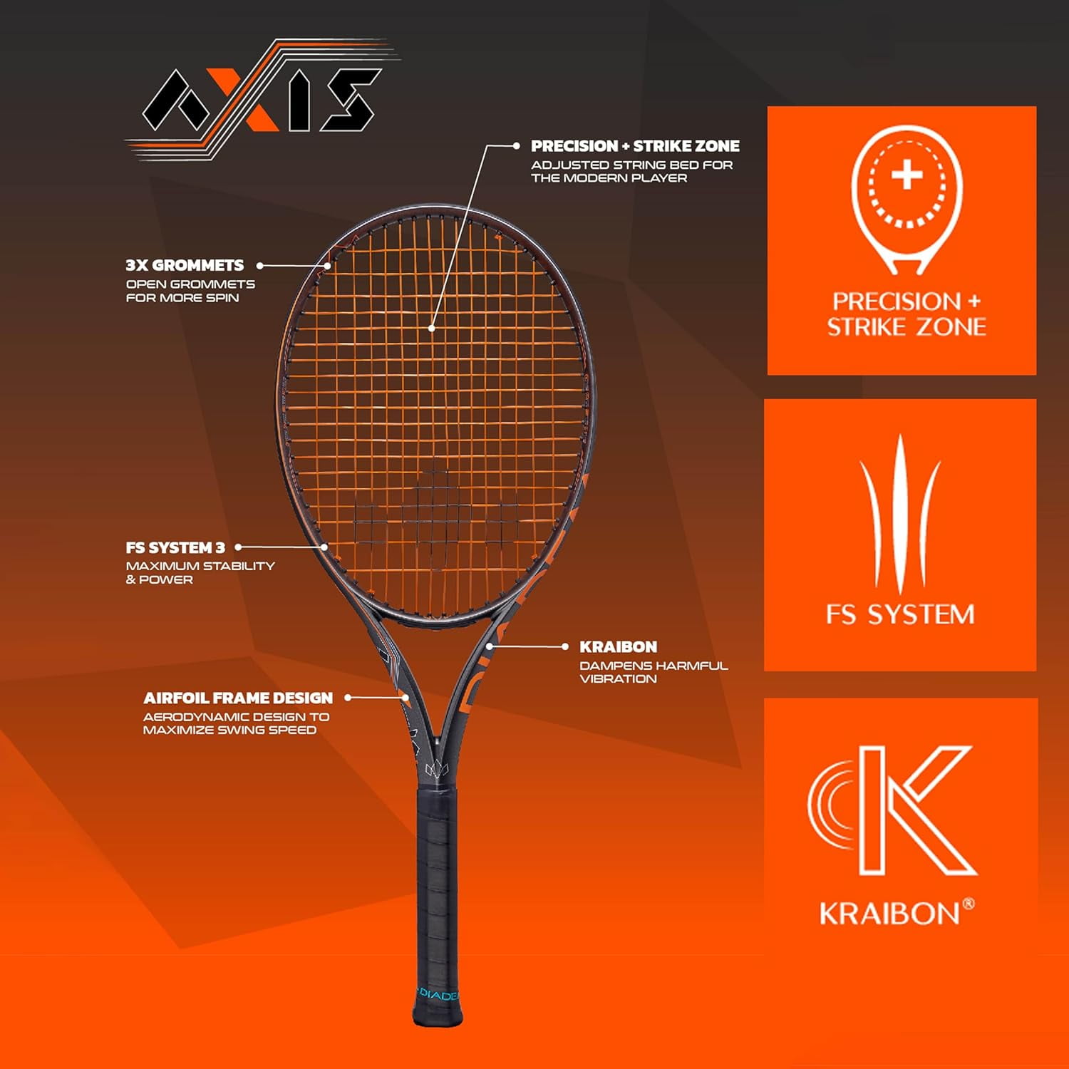Diadem Axis Team Tennis Racket | 16x19 String Pattern, FS3 Stabilization, Kraibon Vibration Dampening, Precision Strike Zone for Unrivaled Spin & Control (Black/Orange, Grip: 4 1/8" (L1)) (Unstrung)