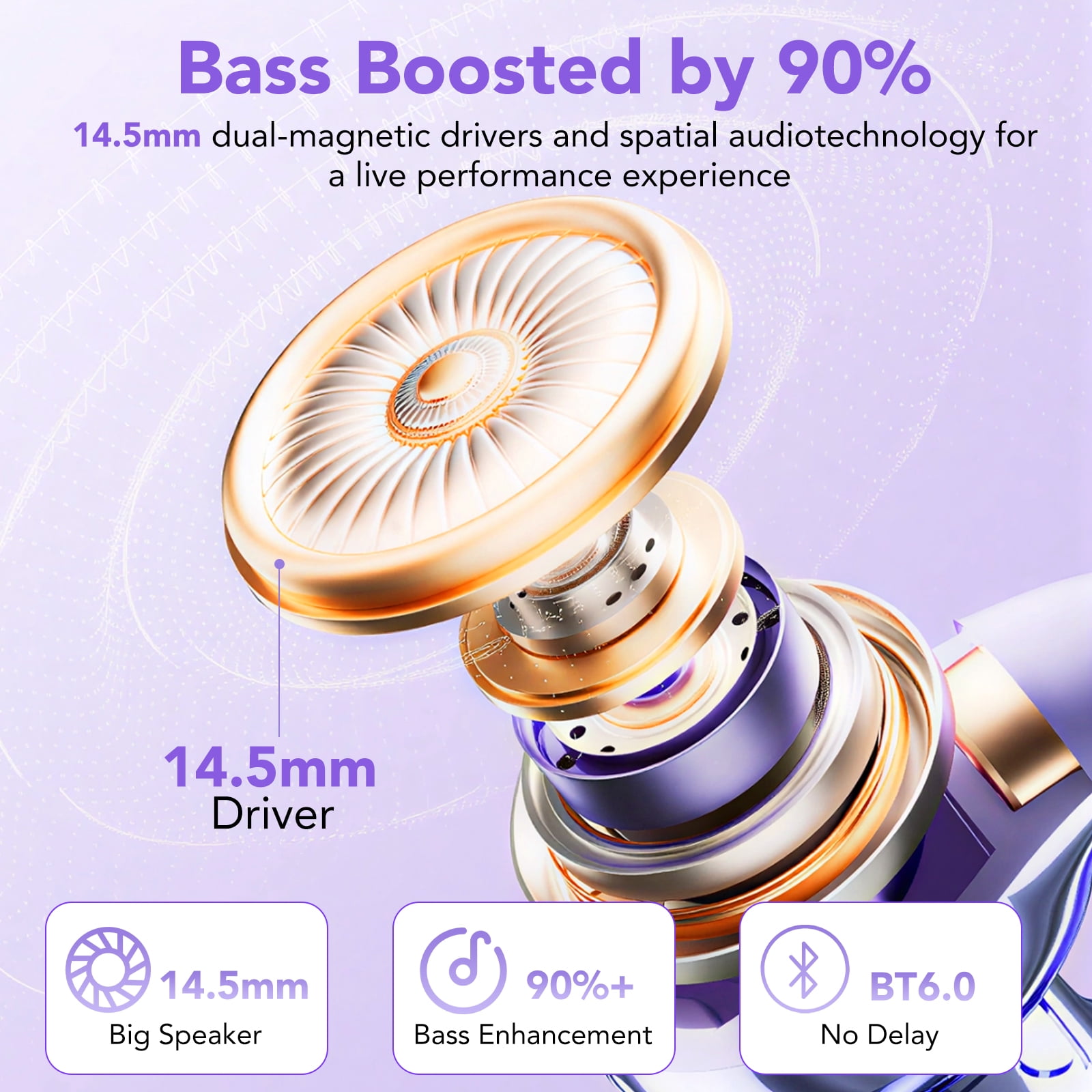 Open Ear Earbuds, Bluetooth Headphones 6.0, Lightweight Comfort Open Ear Clip Wireless Earbuds, 50H Playtime, ENC Clear Calls, Deep Bass, IPX7 Waterproof, Design Fit Running/Workout(Purple)