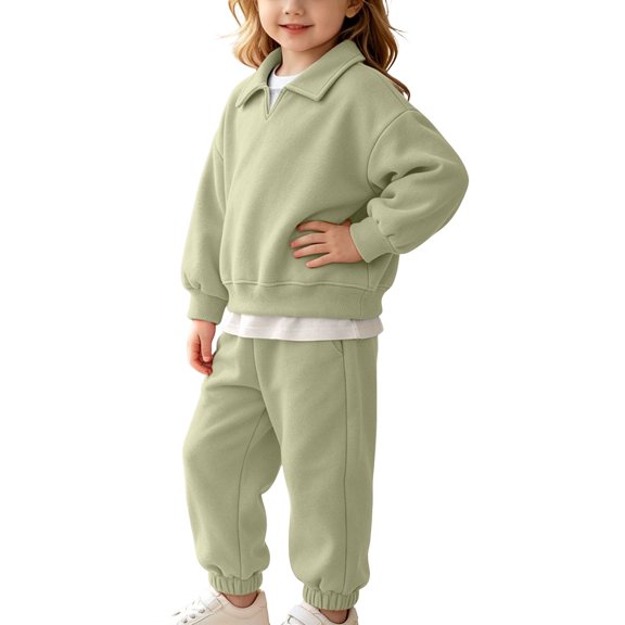 ZACPNCV Kids Warm Fleece Sweatsuit Boys Girls Solid Color Long Sleeve Pullover Sweatshirt with Jogger Pants 2 Piece Lounge Set 4-5Years Green