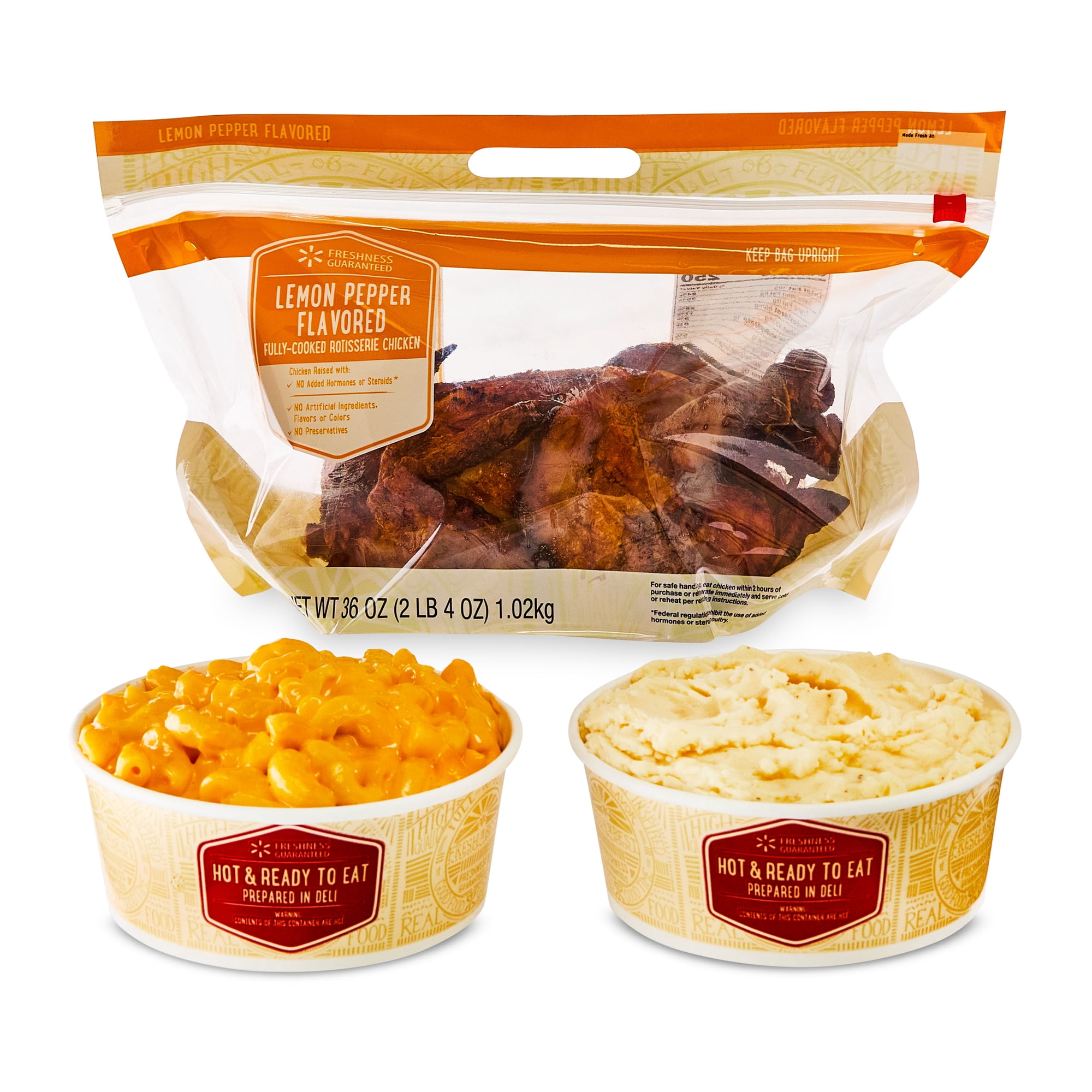 Freshness Guaranteed Hot & Ready-to-Eat Lemon Pepper Rotisserie Chicken Meal Bundle with Large Macaroni and Cheese and Large Mashed Potatoes