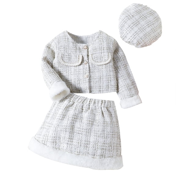 Coerni Toddler Baby Girl 3pcs Clothes Set Long Sleeve Winter Coat Tops Plaid Skirt Hat Set Fall Winter Outfits 1-6 Years