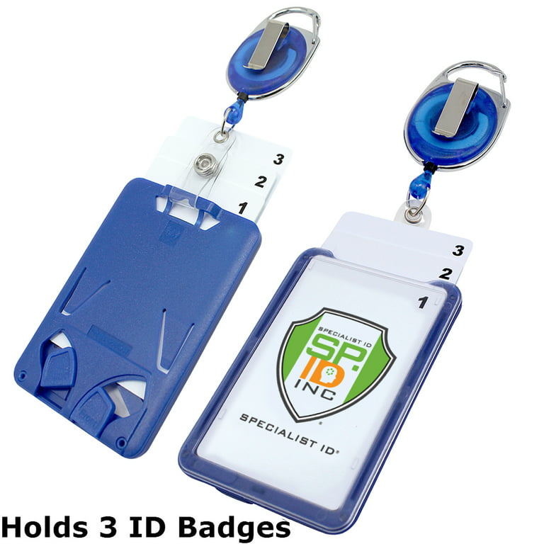 2 Pack - Hard Plastic 3 Card Badge Holder with Retractable Reel - Belt Clip  & Carabiner - Rigid Top Load Vertical CAC Holder by Specialist ID (Blue) 