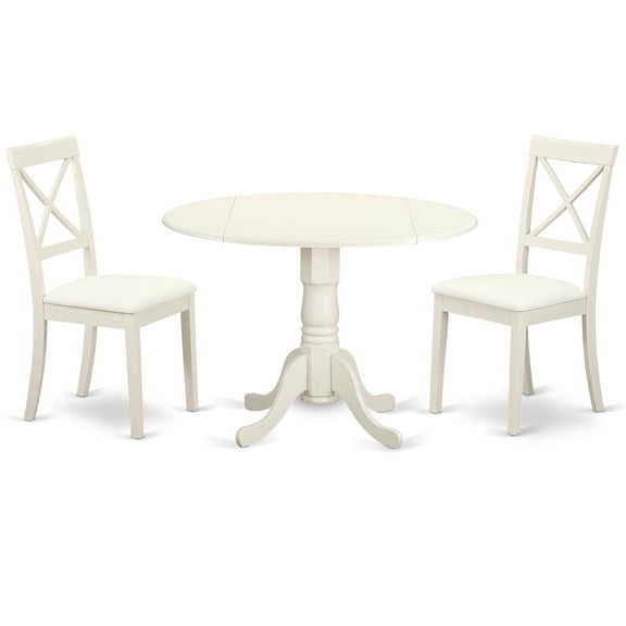 FurniFact White Dining Set, Round Drop Leaf Table, X-Back Chairs, 2-Person, Faux Leather
