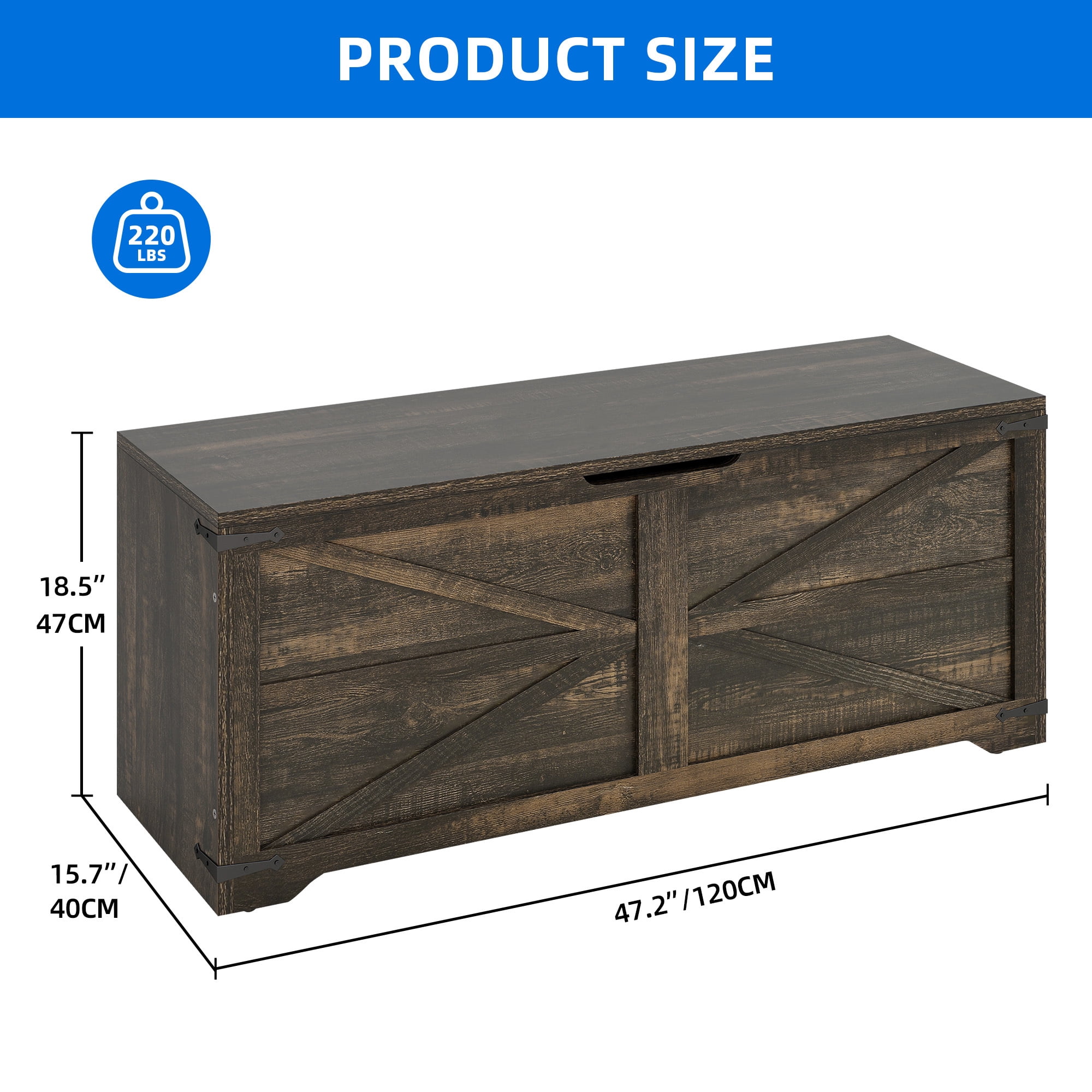 Uforic 47.2" Farmhouse Storage Bench with 2 Safety Hinges, Wooden Storage Chest with 2 Safety Hinges for Storage Organizer, Shoe Bench - Black Oak