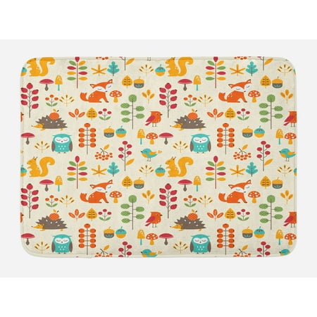Children Bath Mat Cute Kids Autumn Pattern With Owl Fox Squirrel