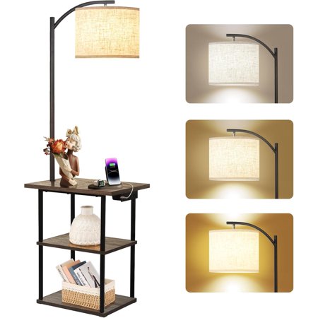 Floor Lamp with Table, End Table with Charging Station(USB & Type-C & AC Port), 3 Color Temperatures 9W LED Bulb, Modern Shelves Side Table for Office, Living Room