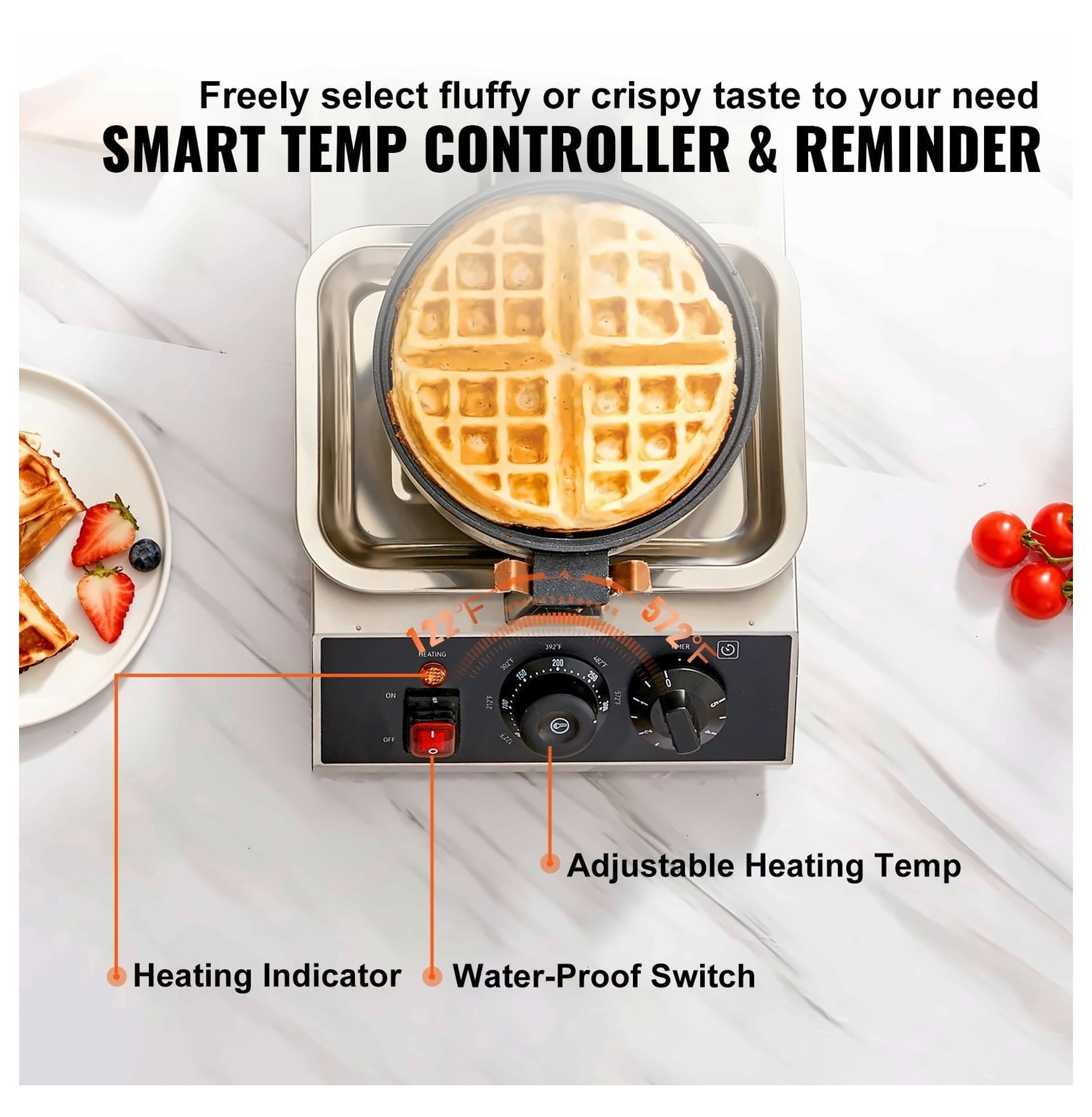 Round Waffle Maker 1300W Non-Stick - Rotatable Waffle Iron Machine 7.5 Inch Baking Plate - Adjustable Temperature 122-572°F - Stainless Steel Commercial Waffle Maker