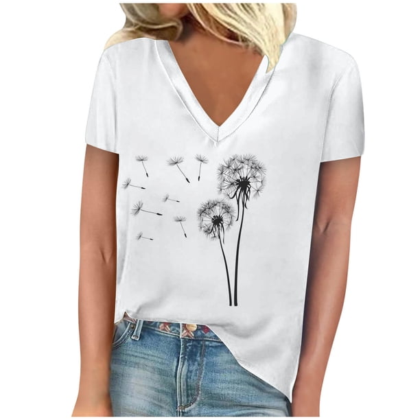 Camisetas de Manga Corta para las Mujeres, Impresión de Cuello en V Camiseta Casual Top Hecho de 95% Poliéster 5% Spandex para el Uso Diario de Primavera Verano, Camisetas para las Mujeres Casual
