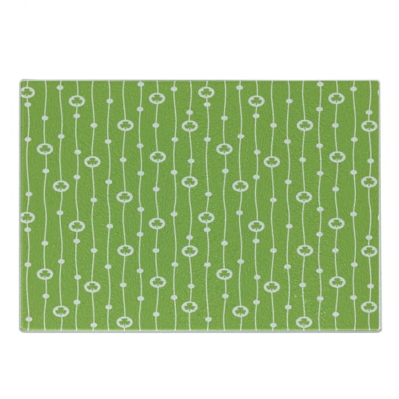 Irish Cutting Board, Trifolium on Vertical Wavy Stripes with Dots Luck Fortune, Decorative Tempered Glass Cutting and Serving Board, Small Size, Lime Green White, by Ambesonne