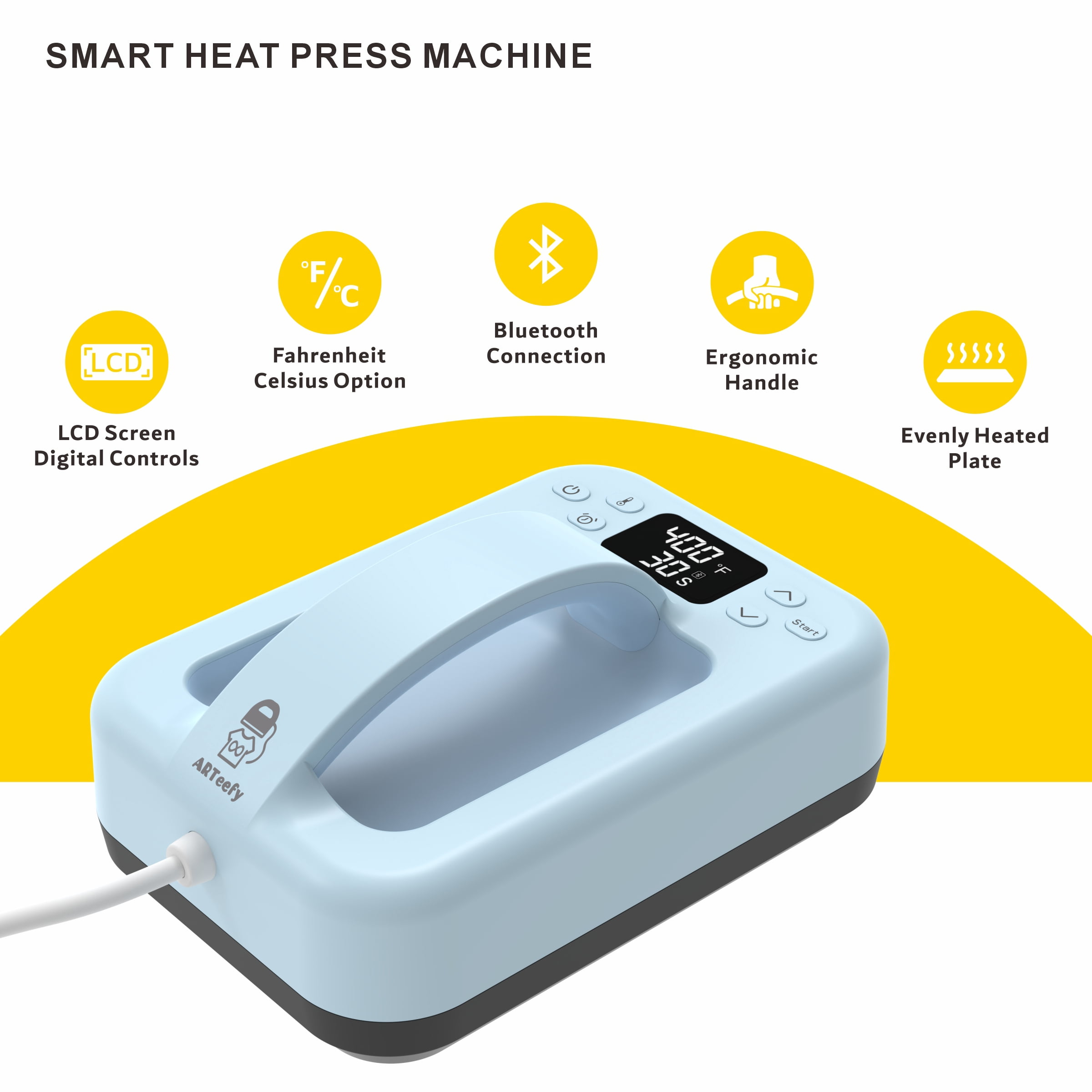 ARTeefy HP6 Smart Heat Press Machine, 7" x 5" Portable Digital Press with Bluetooth App Control, Ideal for HTV Vinyl, Sublimation and DIY Crafts, SkyBlue