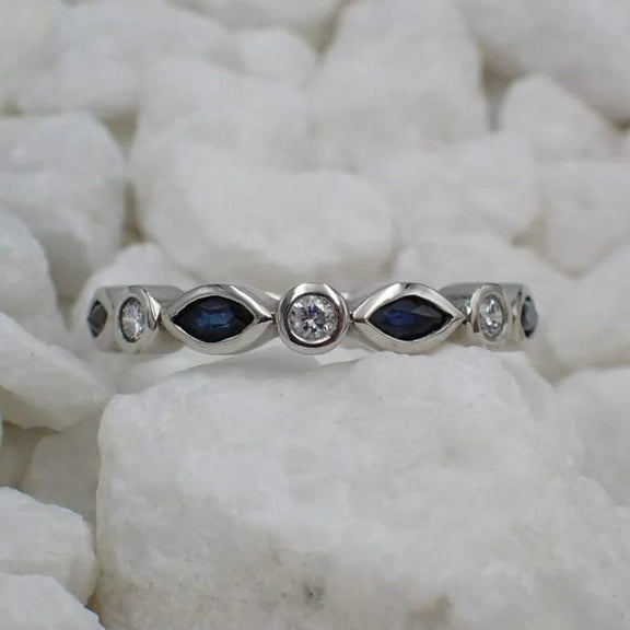 Vintage Sapphire wedding band 14k plated wedding band Unique Marquise cut Diamond Half eternity wedding band Bridal Matching Stackable band