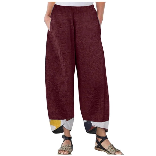 VEKDONE Womens Linen Long Pants Wine S