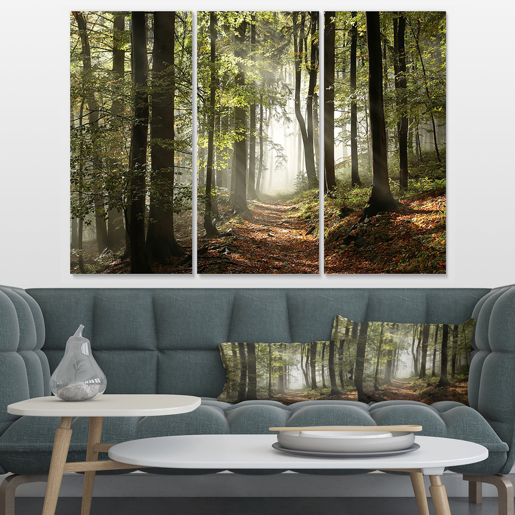 Designart 'Green Fall Forest with Sun Rays ' Landscape Photography Canvas Print