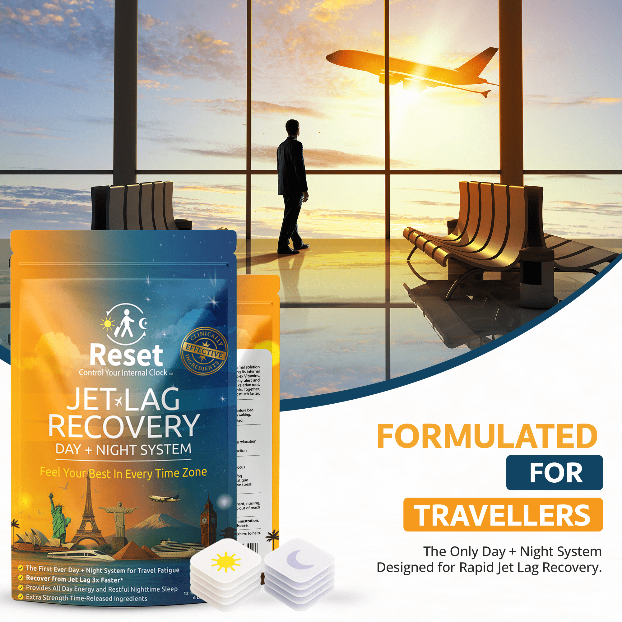 Reset Jet Lag Recovery Patch System | Travel Fatigue Relief, Circadian Rhythm, Sleep Support & Energy Boost,  12 Count