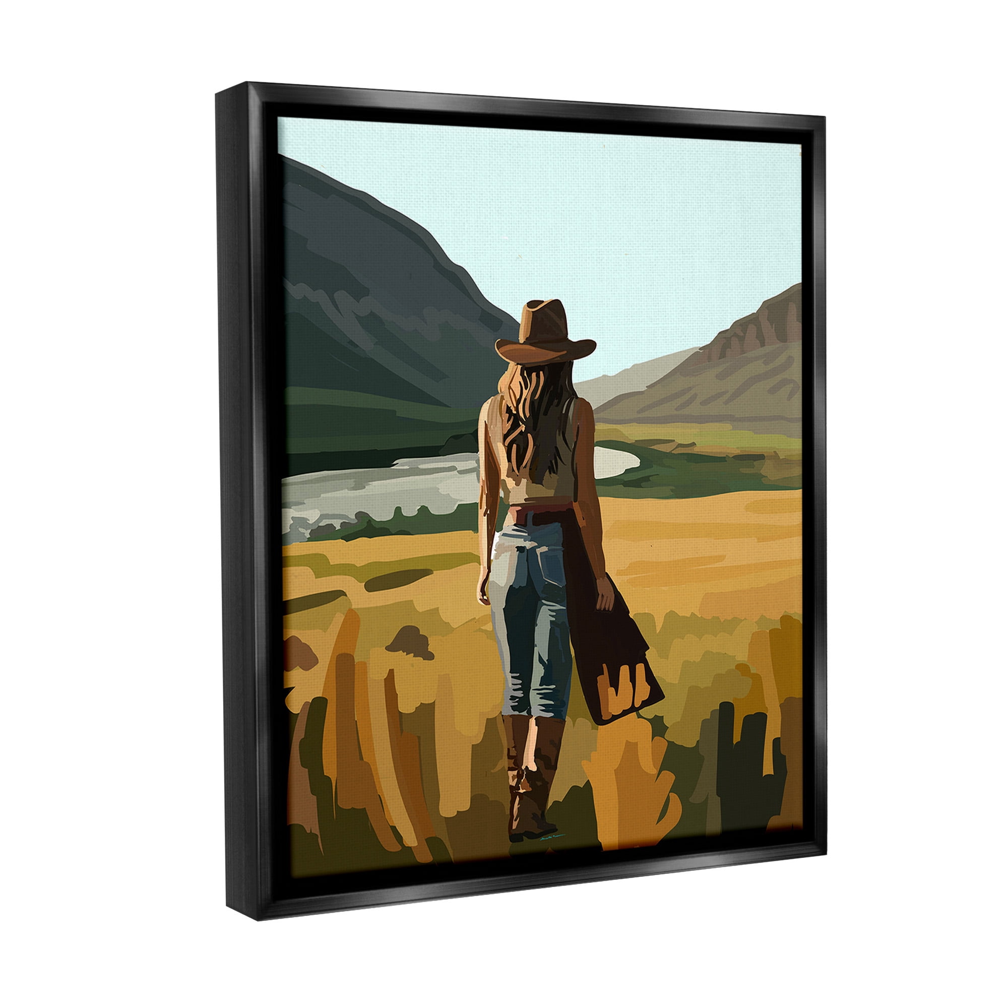 Stupell Industries Strolling Cowgirl in Desert Landscape Painting Black Floater Framed Canvas Art Print Wall Art, 25 x 31