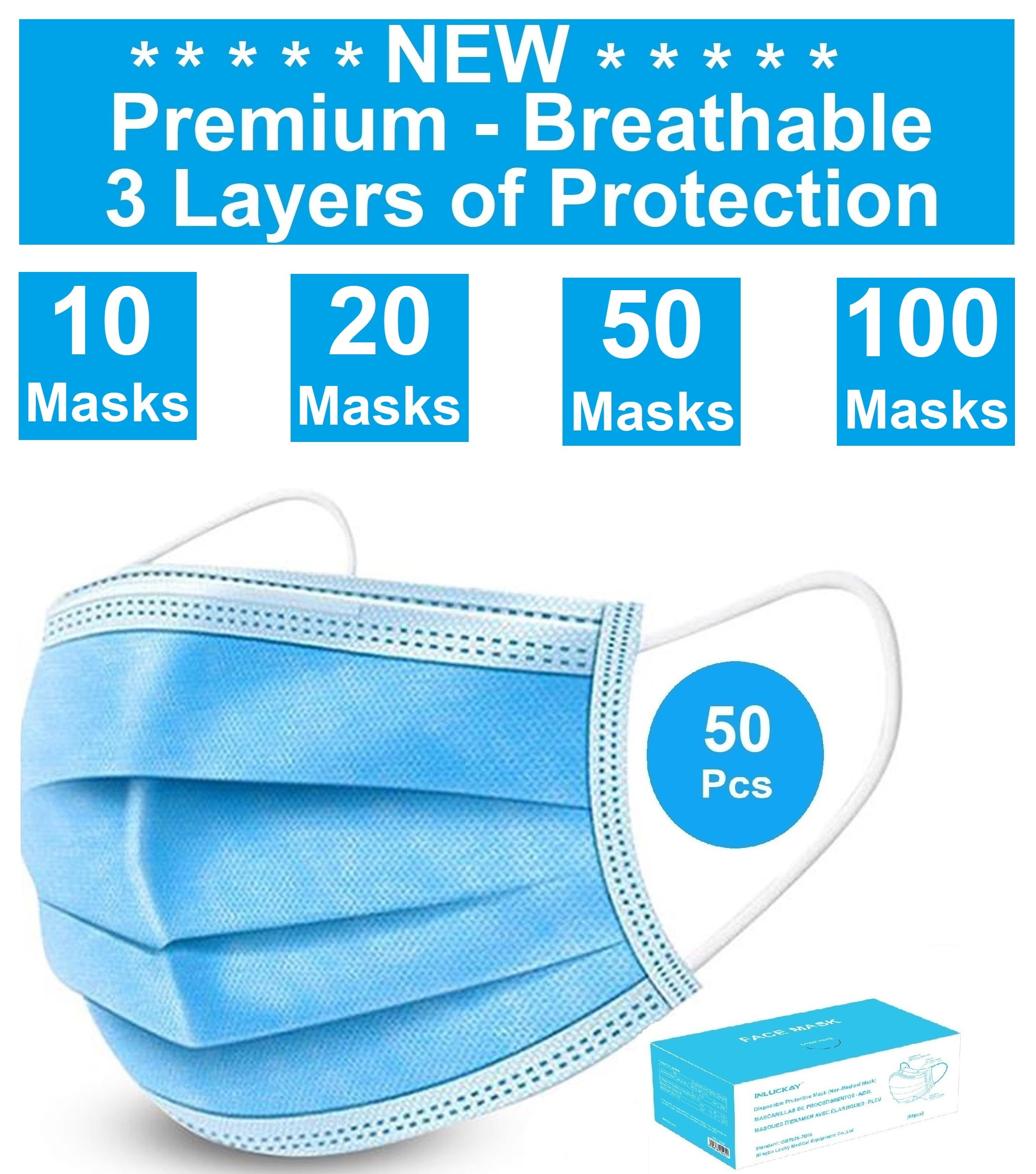 Disposable Face Mask 50 Pack Disposable Face Masks, 3ply Elastic
