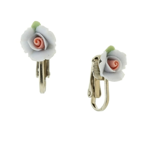 1928 Jewelry Women's Bridal Light Blue Porcelain Rose Clip On Earrings
