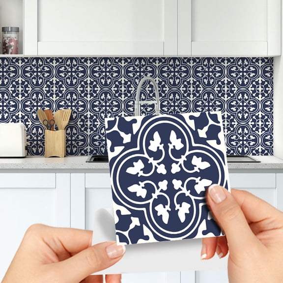 Encaustic Peel and Stick Backsplash, Blue Patterned Stick on Tile, Self-Adhesive Wall Tile Sticker for Kitchen Bathroom Fireplace Stairs, 9 Sheets