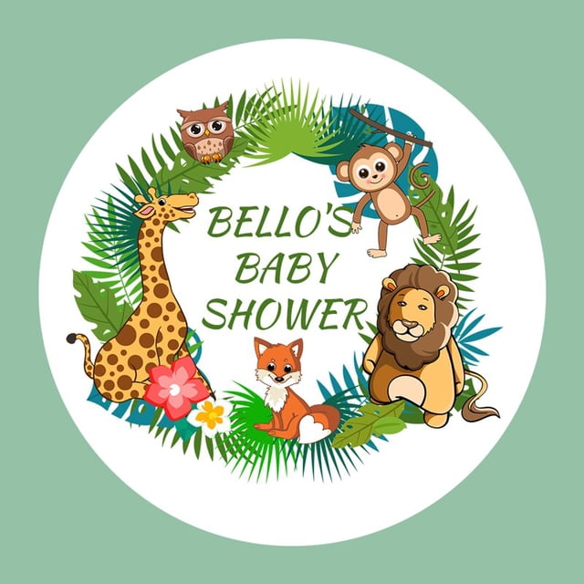 Pegatinas personalizadas para Baby Shower, animales de la selva, nombre, fecha, texto, Zoo, fiesta de cumpleaños, etiquetas de Favor, 4,5 cm