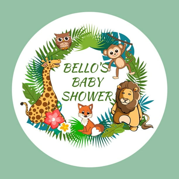 Pegatinas personalizadas para Baby Shower, animales de la selva, nombre, fecha, texto, Zoo, fiesta de cumpleaños, etiquetas de Favor, 4,5 cm