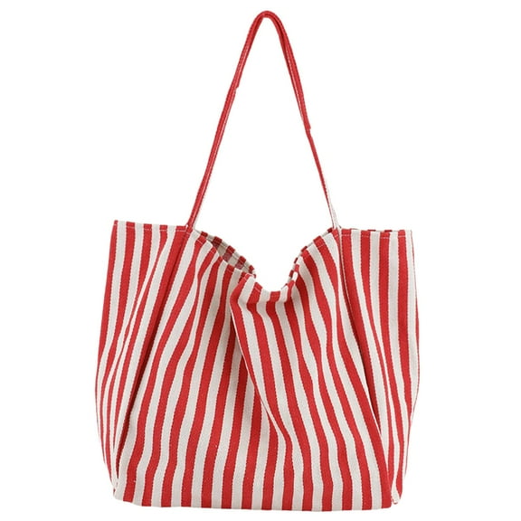 Milageto Women Shoulder Bag Elegant Female Canvas Tote Bag for Summer Vacation Spring Pinstripe Red