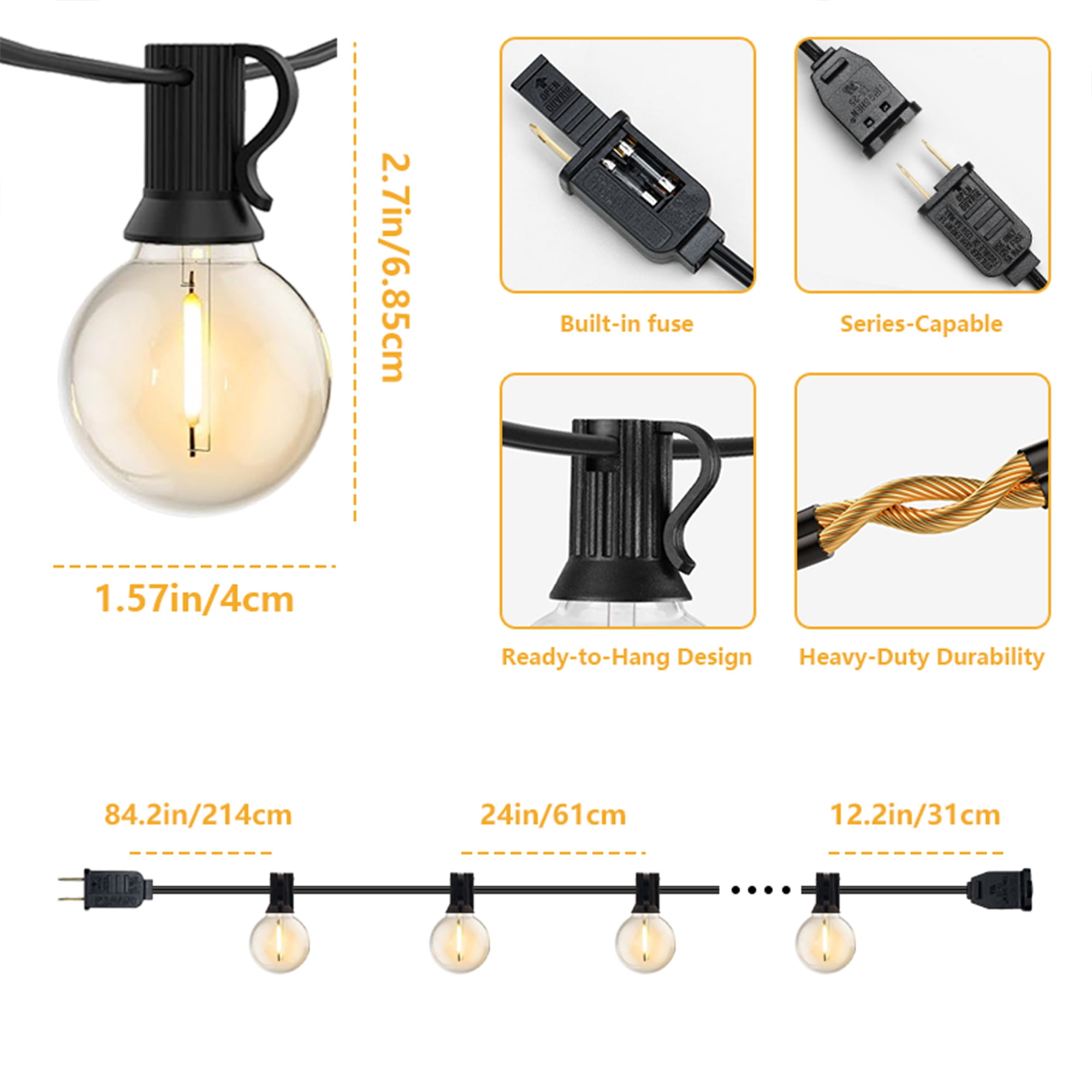 Luziki Lighting 56 Ft Outdoor LED String Lights with 27 G40 Vintage Edison Bulbs (2700K Warm White) - Waterproof, Connectable, for Patio, Garden, Pergola, Bistro, Café & Backyard - Black Wire