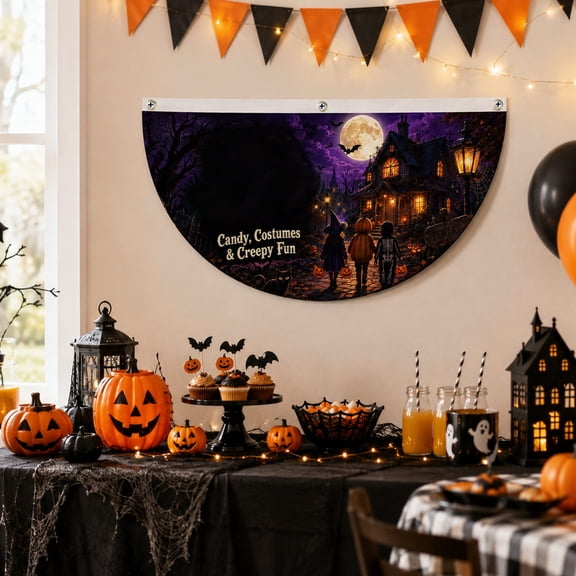 Halloween Bunting Fan Flag, 3 x 6 ft Halloween Banners with Grommets, Fall Outdoor Bunting for Halloween Indoor Outdoor House Holiday Yard Decorations