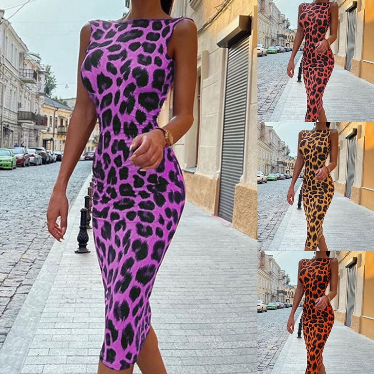 GENEMA Women Sleeveless O-Neck Sexy Backless Leopard Print High Waist Midi Pencil  Dress - Walmart.com