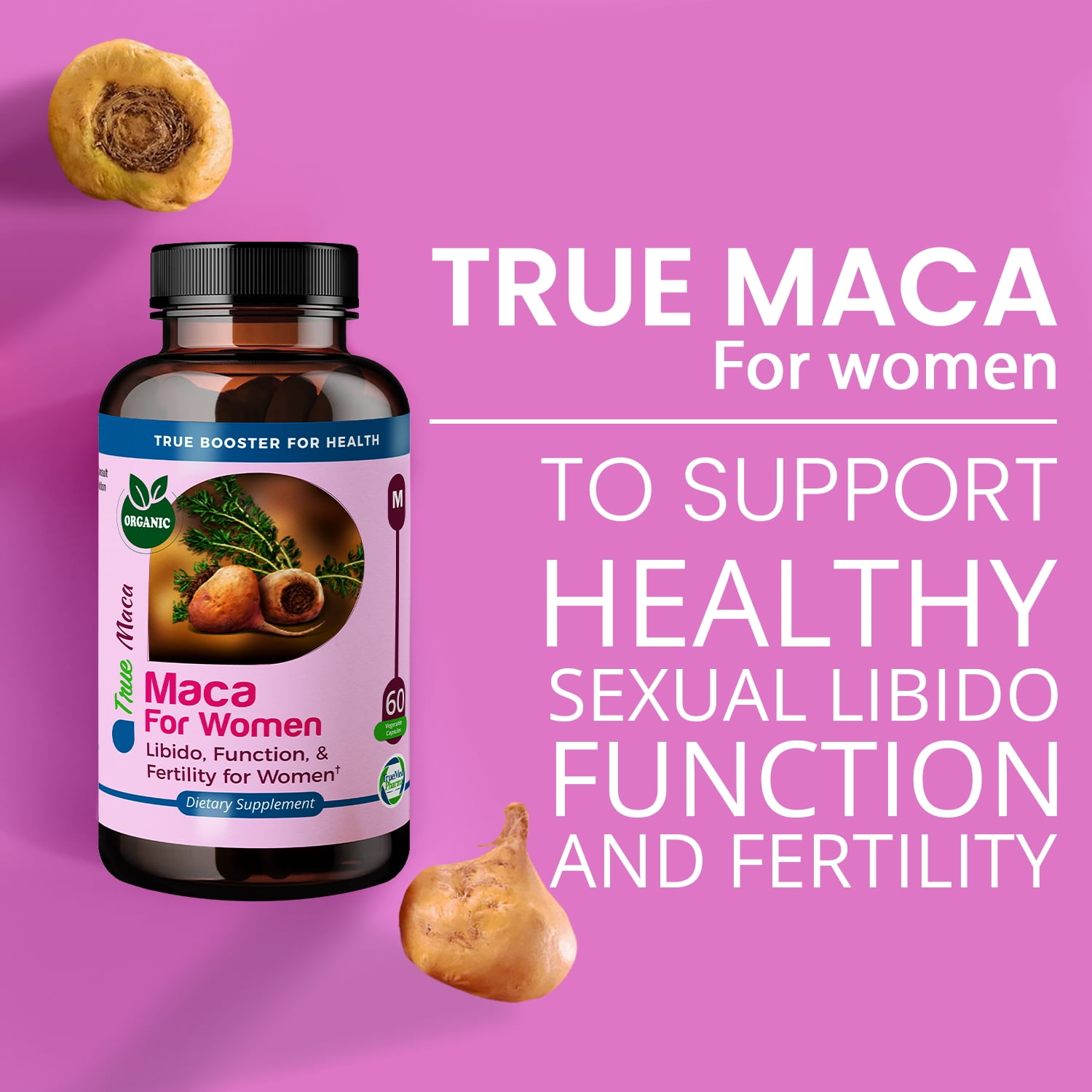TrueMed Maca for Women Libido, Function and Fertility Organic Gelatinized Powder 60 Capsules