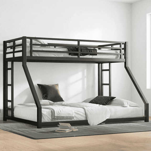 Twin XL over Queen Metal Bunk Bed with Ladder, Space-Saving Design with Noise Reduction, Sturdy Frame No Box Spring Needed, Black