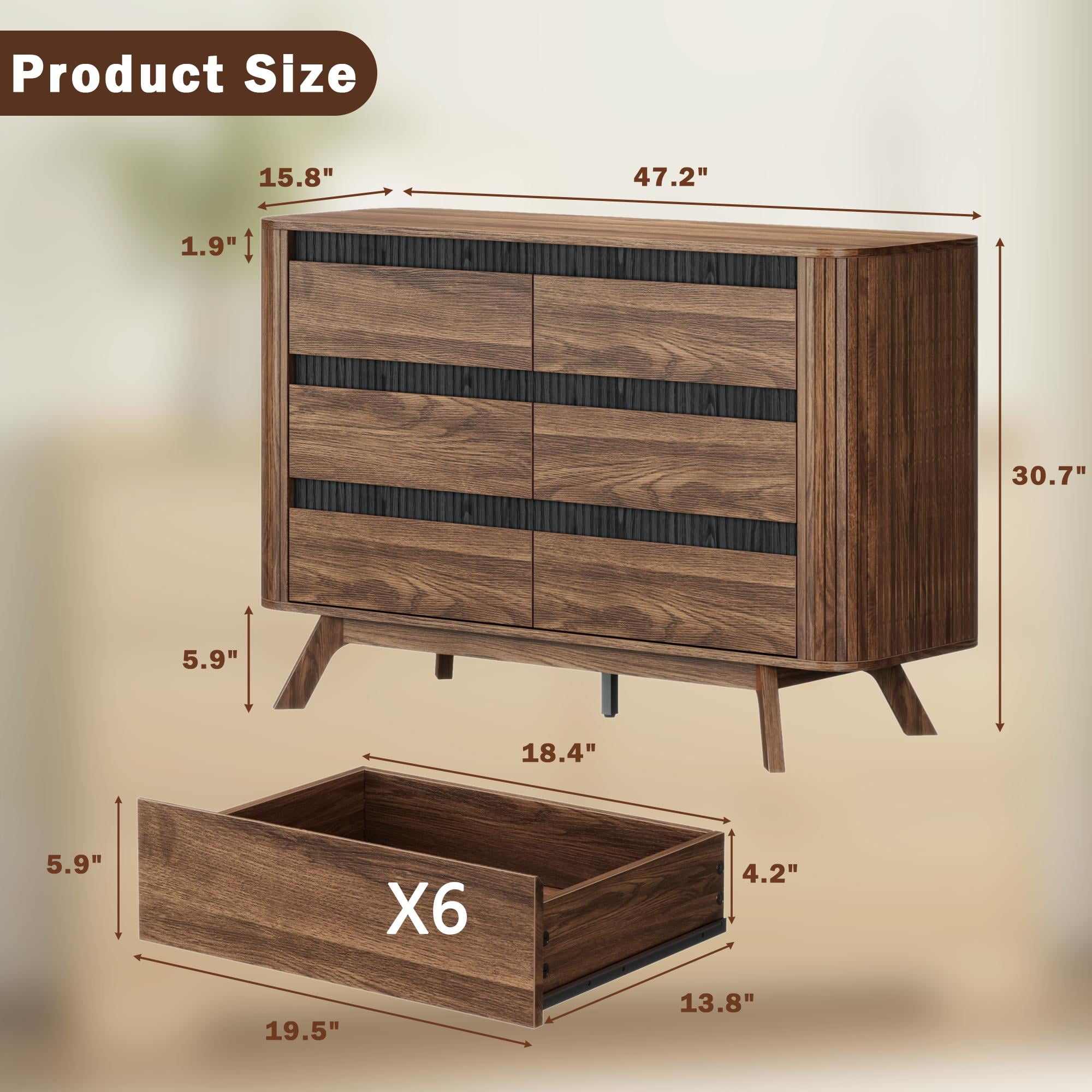 Satifur 47.2″ Wide 6-Drawer Wooden Dresser & Chest of Drawers, Bedroom Storage Cabinet & TV Stand, American Walnut