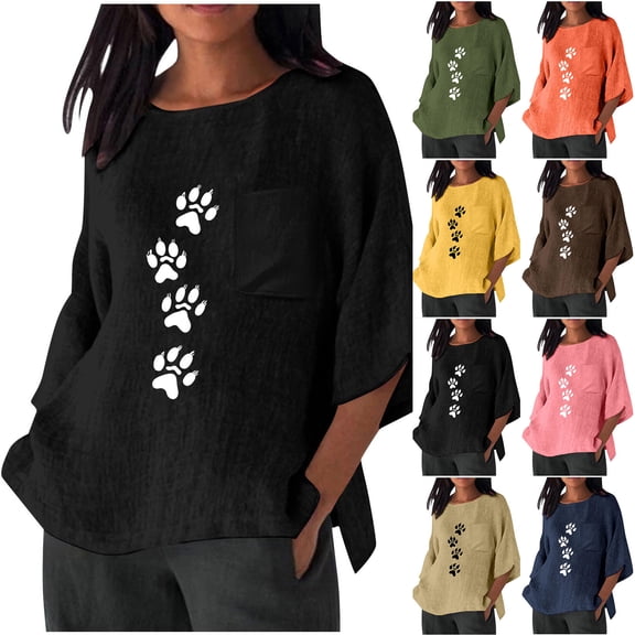 Jsaierl 3/4 Sleeve Cotton Linen Womens Tops Plus Size Round Neck Shirts Boho Print Ladies Blouses Work Holiday Tunic Top S-2XL