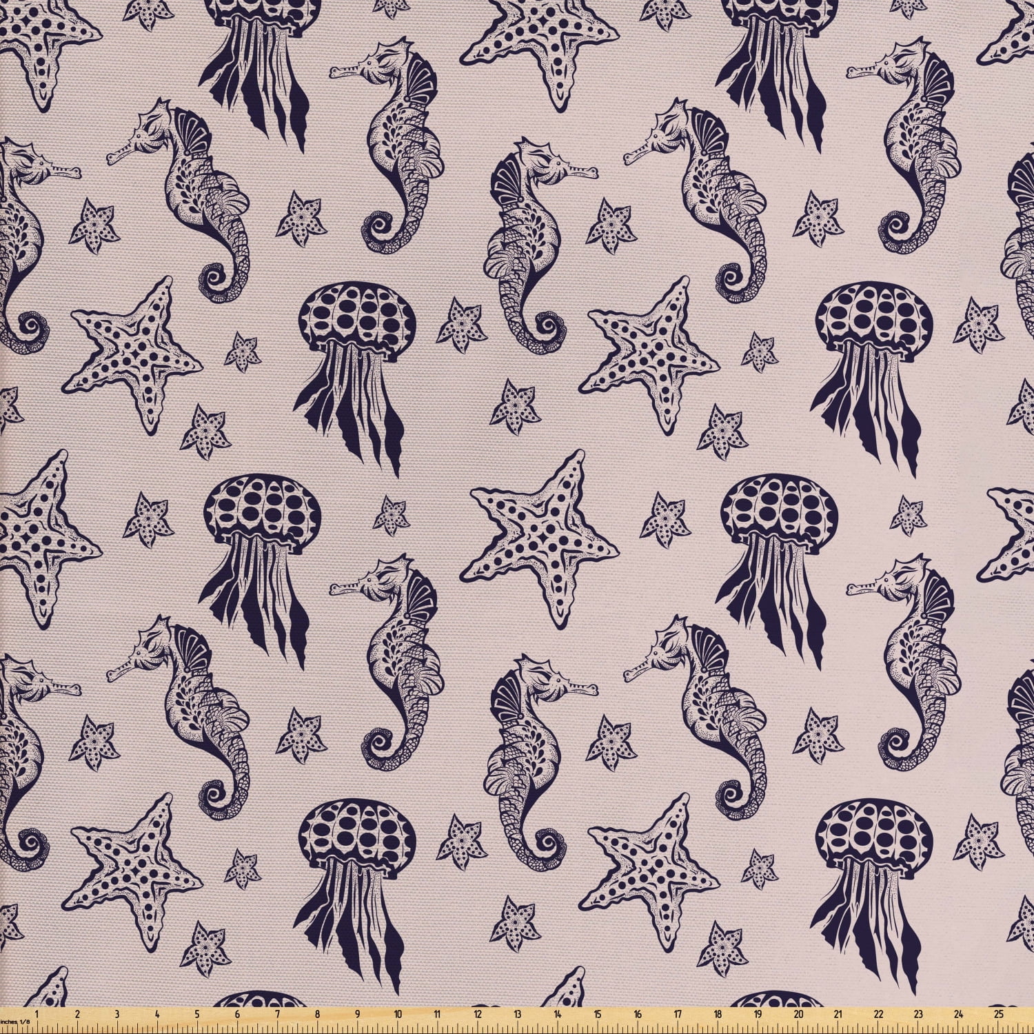 Seahorse Fabric by The Yard, Continuous Pattern with Doodle Seahorse