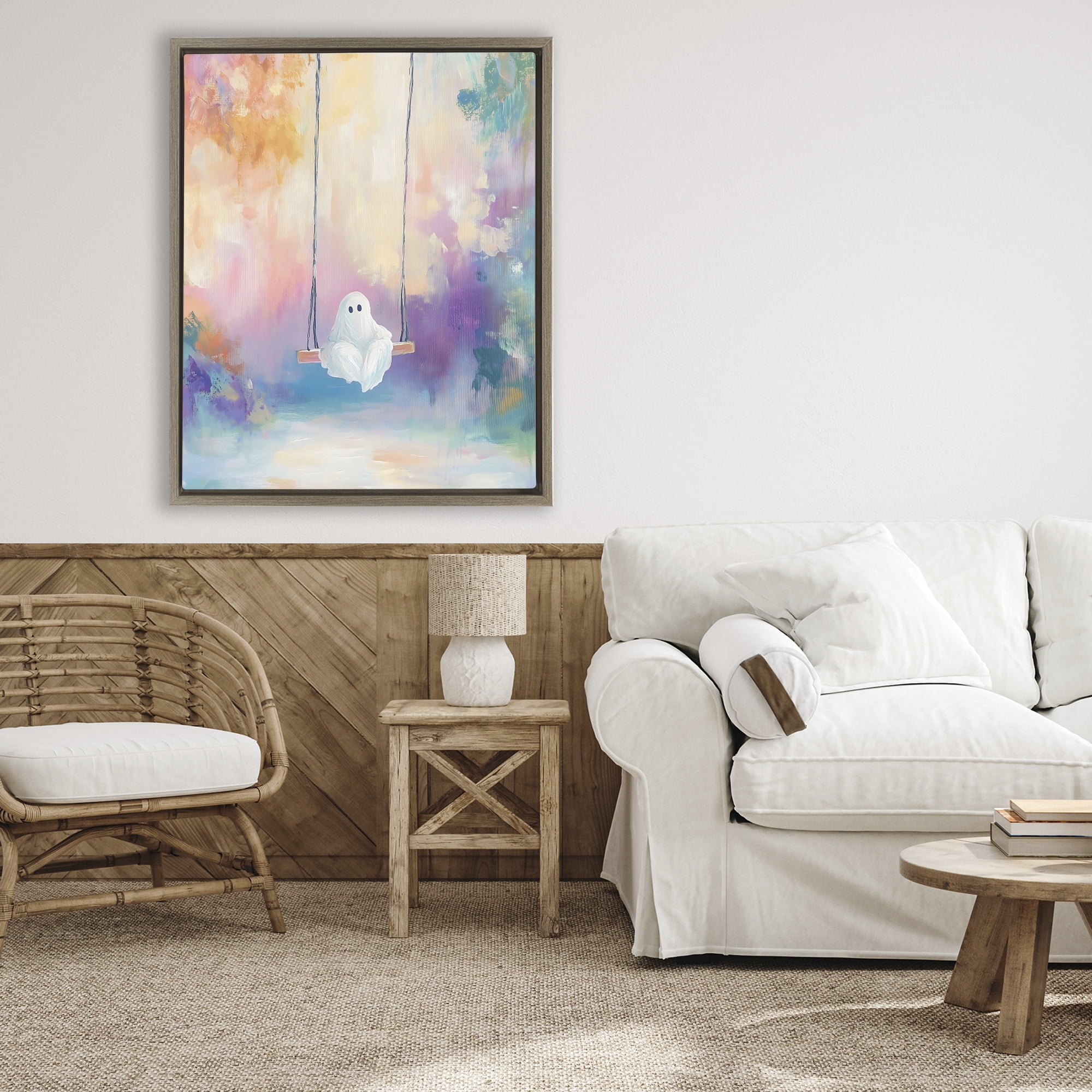 Stupell Industries Watercolor Ghost on Swing Brown Framed Floater Canvas Wall Art, design by The Prints Vibe