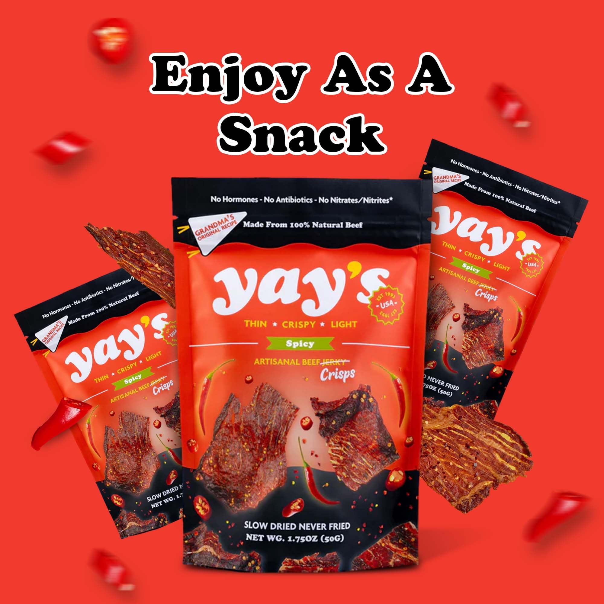 Yay's Snacks Sweet and Spicy Beef Crisps | High-Protein Ready-to-Eat Crispy Crunchy Chipped beef | Spicy Beef Jerky with 24g Protein per Bag, Non-GMO Healthy Meat Snack, Made in USA pack of 6(1.75 oz