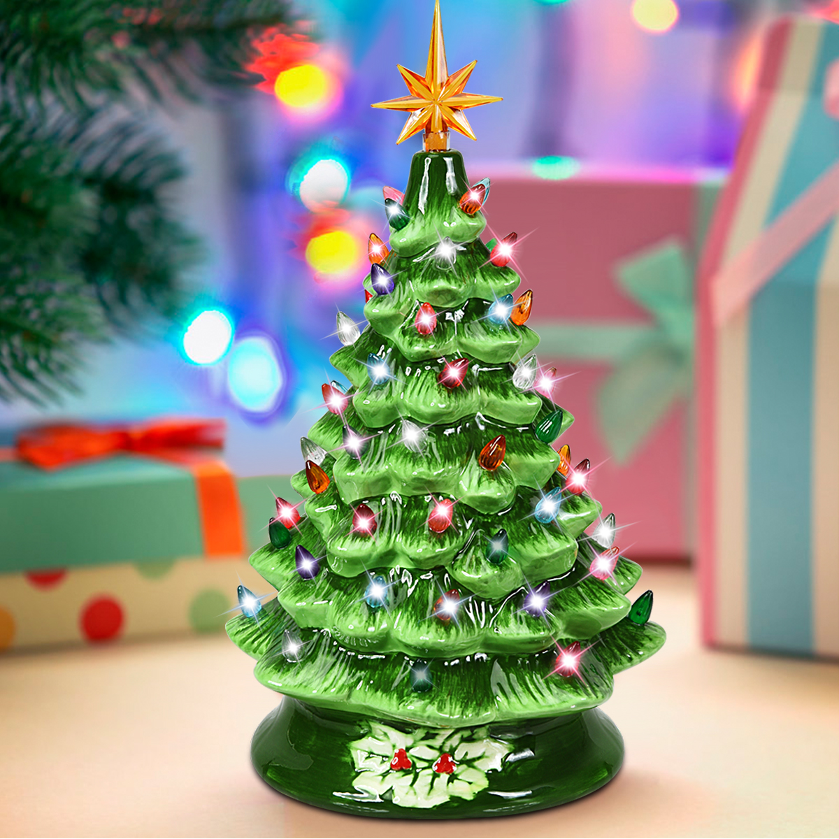 Topbuy 15'' Prelit Ceramic Tabletop Christmas Tree Green Hand-Painted Battery Powered w/ 66 
