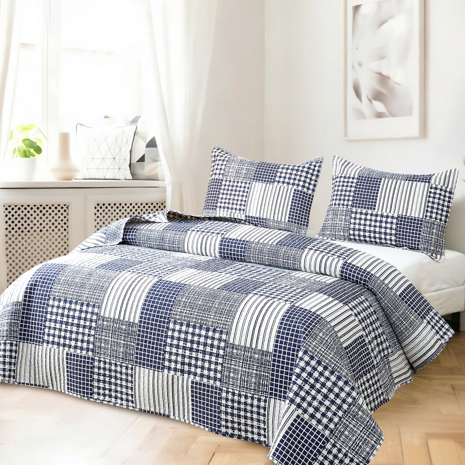 Kebury Plaid Bedding Quilt Set Twin Size Microfiber Ultra Soft Bedspread Ligthtweight Navy Blue Checked Quilt Coverlet Collection for Bedroom (1 Quilt, 2 Pillow Shams)