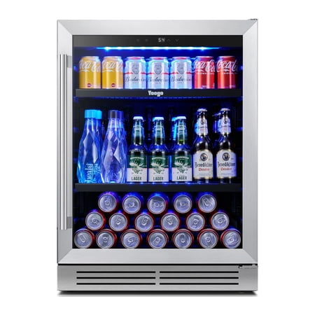 Yeego 24-Inch Beverage Refrigerator, Built-In or Freestanding Beverage fridge, Up to 180 Cans, Glass Door Mini Fridge for Soda, Beer