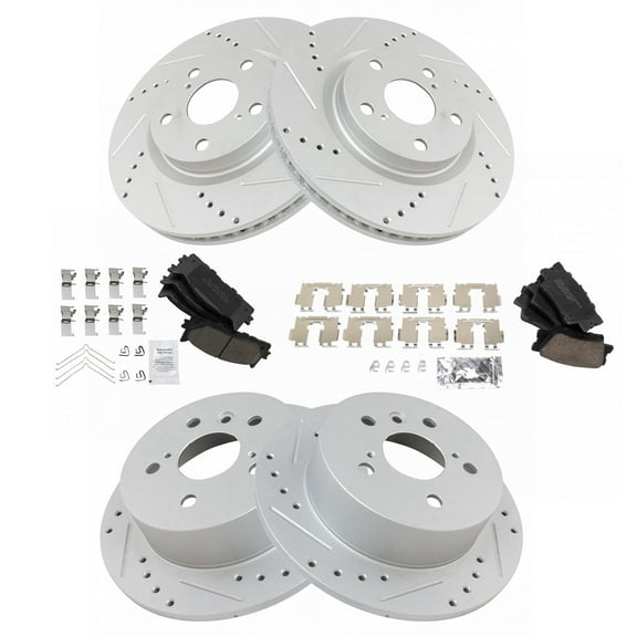 TRQ Front and Rear Performance Brake Pad & Rotor Kit Brake Pads Brake Rotors Set Ceramic Premium G-Coated Fits Select 2013-2018 Lexus ES300h ES350 Toyota Avalon 2012-2017 Camry