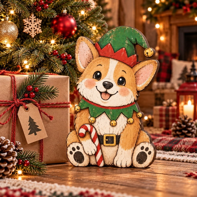 Wood Rustc 3 Layer Christmas Corgi Elf Wooden Stand, Rustic Tabletop Display for ...