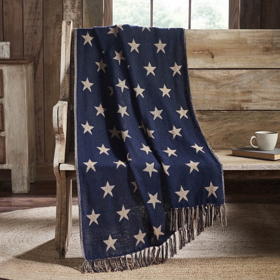 VHC Brands My Country Jacquard Woven Throw 50x60, Bedroom and Living Room Decor, Blanket, Cotton, My Country Collection, Rectangle 60x50, Navy