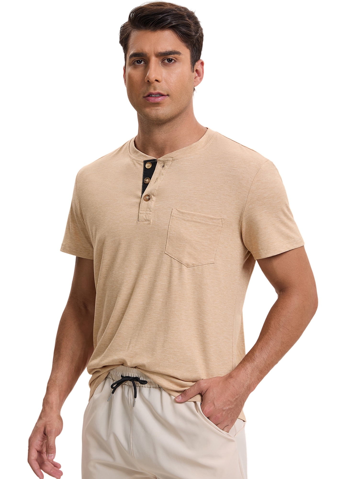 DARING DIVA Men's Casual Summer Short Sleeves Button Henley Basic Tee L Khaki