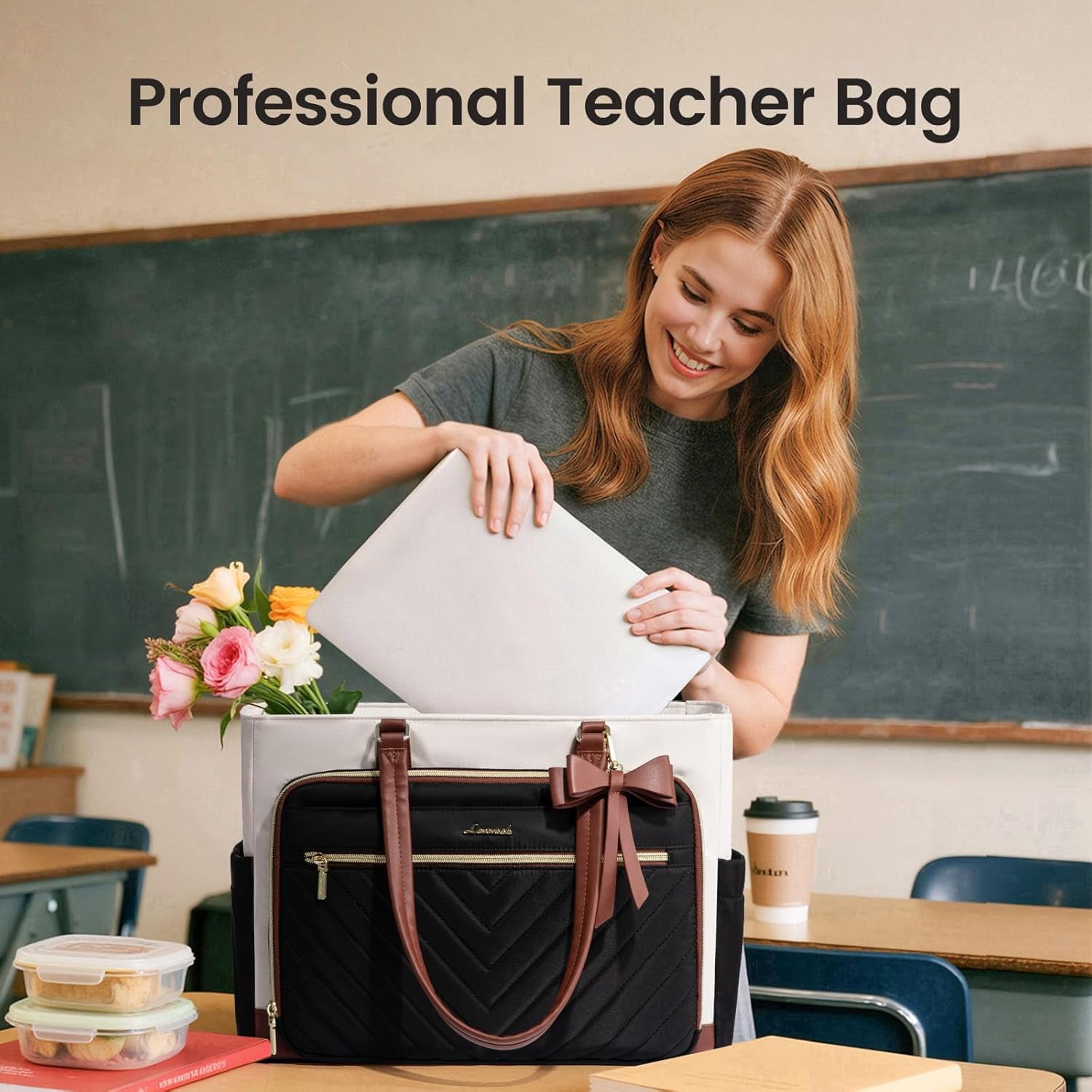 LOVEVOOK Quilted Teacher Tote Bag for Women, Large Laptop Tote with Cup Holder & Multi-Pockets, Work Bag for Nurse, Office, College, Business Travel, Diaper Bag, Computer Handbag Purse