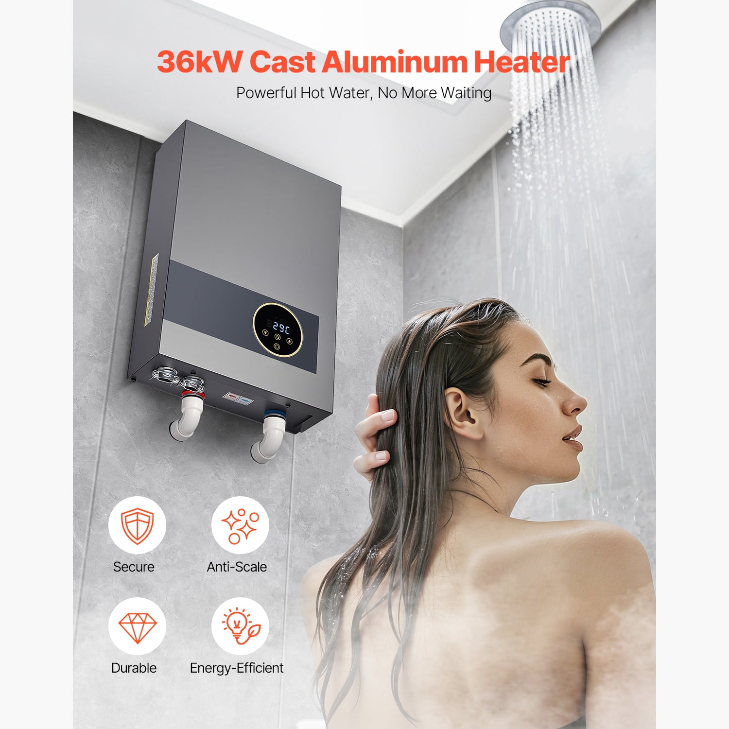 KFFKFF 36kW Tankless Electric Water Heater, Instant Hot Water System for Bathroom, Kitchen, or Office, Features LCD Touch Screen, Child Safety Lock, Compact Design, 240V