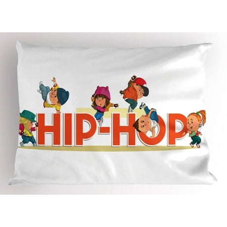 Hip Hop Pillow Sham Word Hip Hop with Colorful Dancers Doing Moonwalk Floor Rocking and Windmill Moves, Decorative Standard Size Printed Pillowcase, 26 X 20 Inches, Multicolor, by