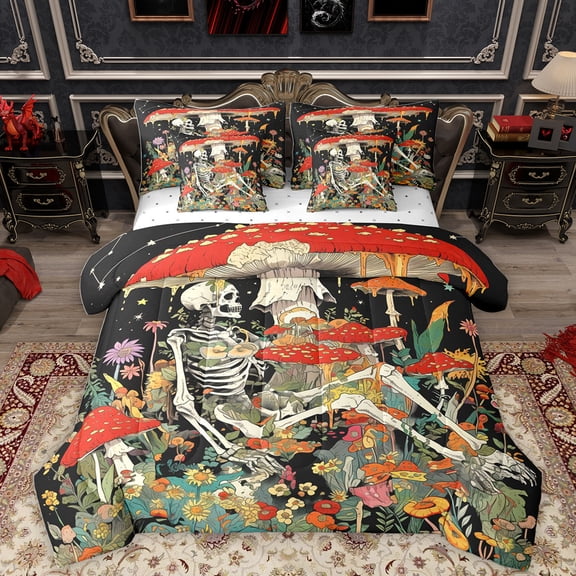 Homewish Colorful Flower Mushroom 7-Piece Bedding Comforter Set,Gothic Skull King Bedding Sets,Country Floral Bed Sheets For Boys Kids,Microfiber Bedroom Decor Reversible