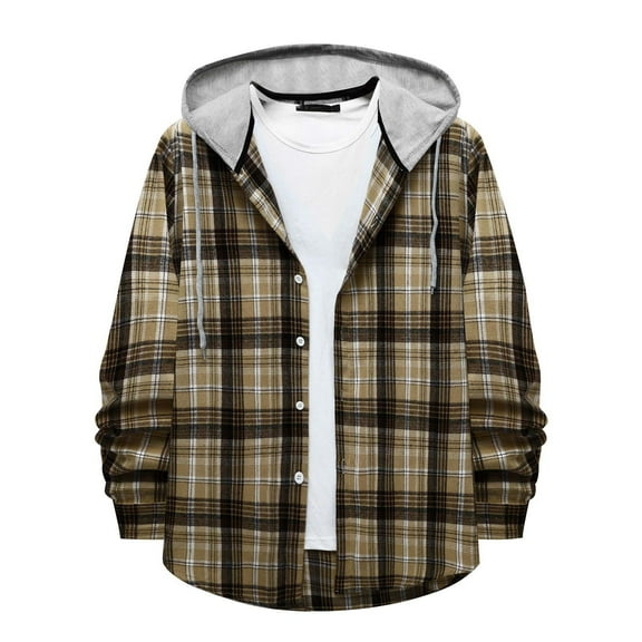 IROINNID Button Down Shirts for Men Autumn And Winter Long Sleeve Solid Color Shirt Top Plaid Hooded Shirt,Khaki