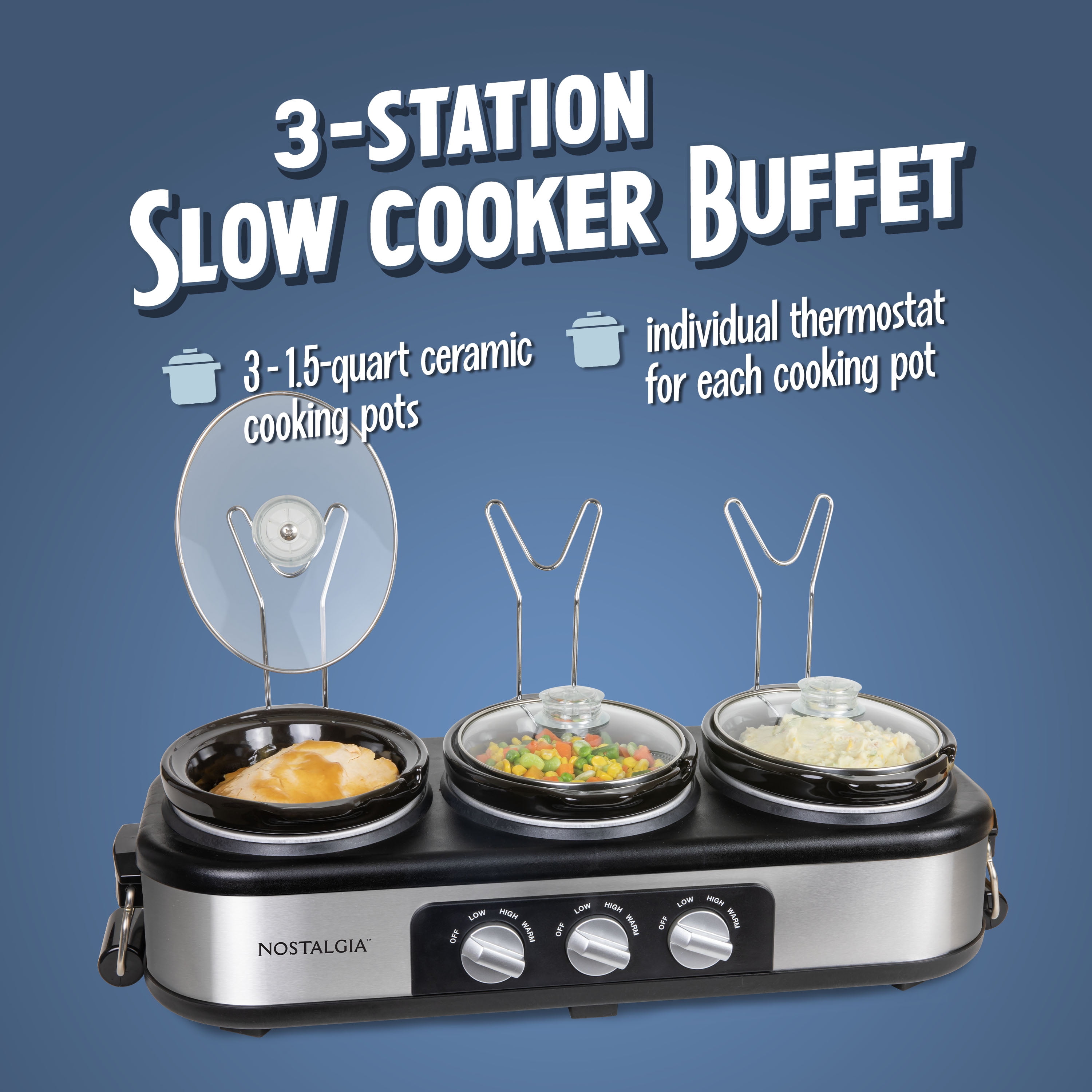 Nostalgia 1.5 qt Triple Slow Cooker, 3 Crock Pot Buffet Server with Removable Ceramic Pots, Stainless Steel