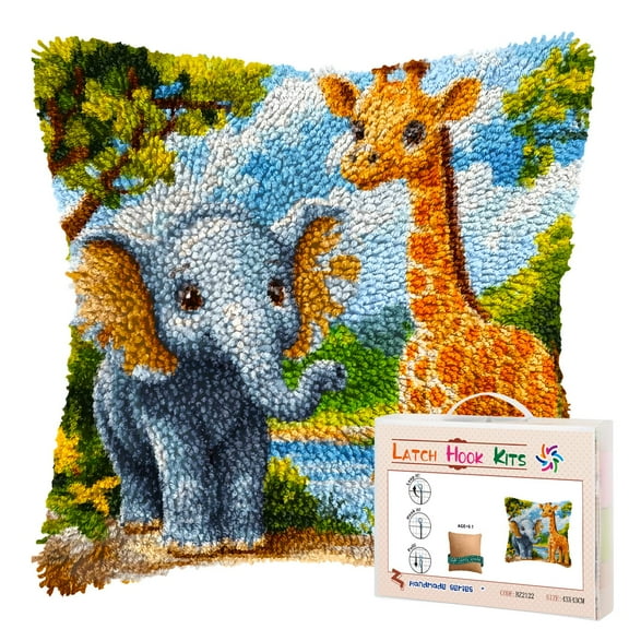 DIY Latch Hook Pillow Kits Cute Elephant and Giraffe Printed Pillowcase Crochet Yarns Hooking Handmade Pillow Cover Cushion for Home Sofa Decoration 17x17inch-1