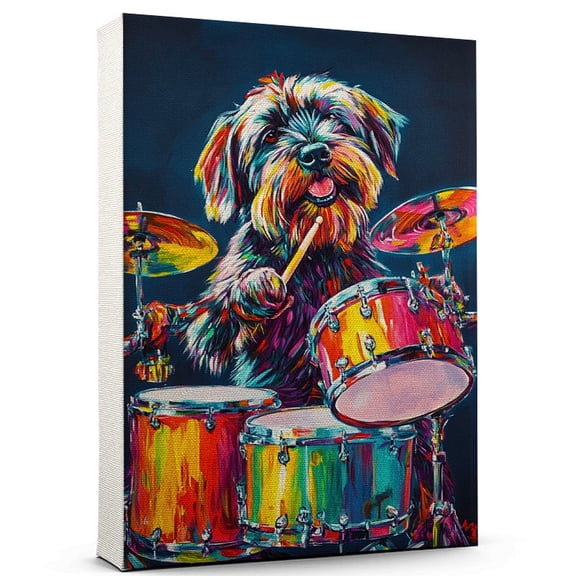 Wirehaired Pointing Griffon Dog Drum Kit Art Stretched Canvas Size 8x12 – Wirehaired Pointing Griffon Dog Playing Drum Kit Wall Art, Dog Lover Canvas, Music Theme Decor for Living Room